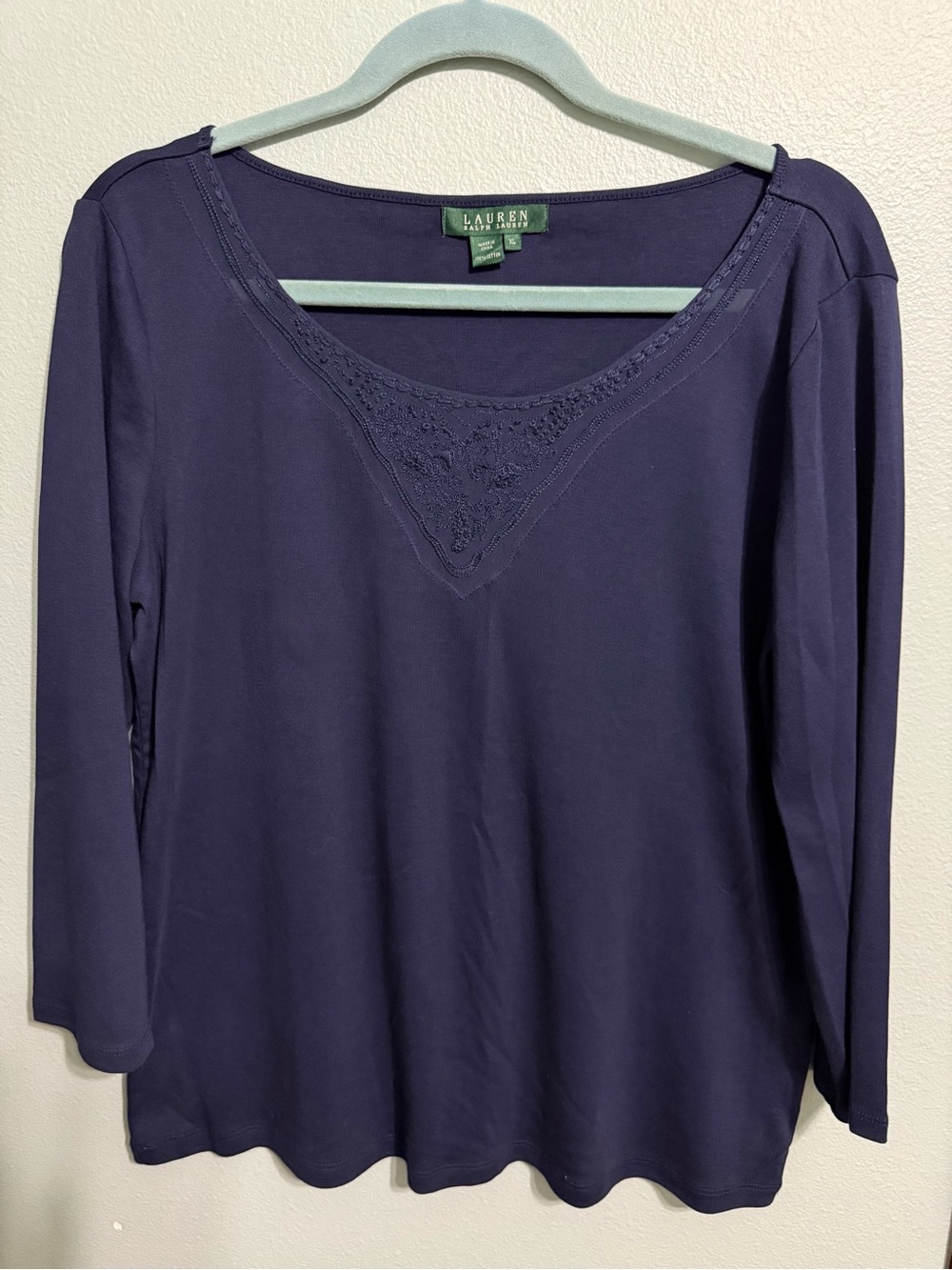 NWOT Lauren Ralph Lauren Navy Embroidered Lace Neckline Top Size XL